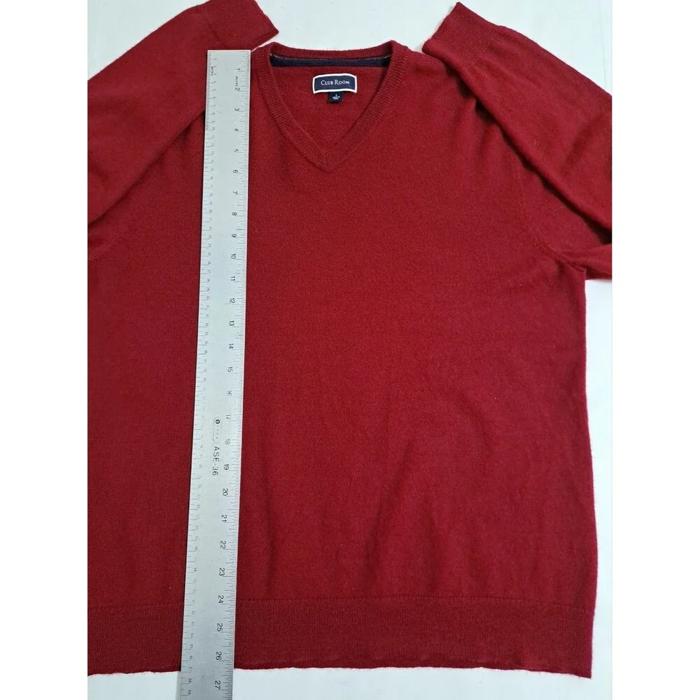 Club Room Men's Large Merino Wool V Neck Sweater Red Cabin Core Soft